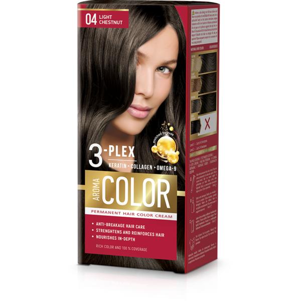 Vopsea Crema Permanenta – Aroma Color 3-Plex Permanent Hair Color Cream, nuanta 04 Light Chestnut, 90 ml 3-Plex poza noua reduceri 2022