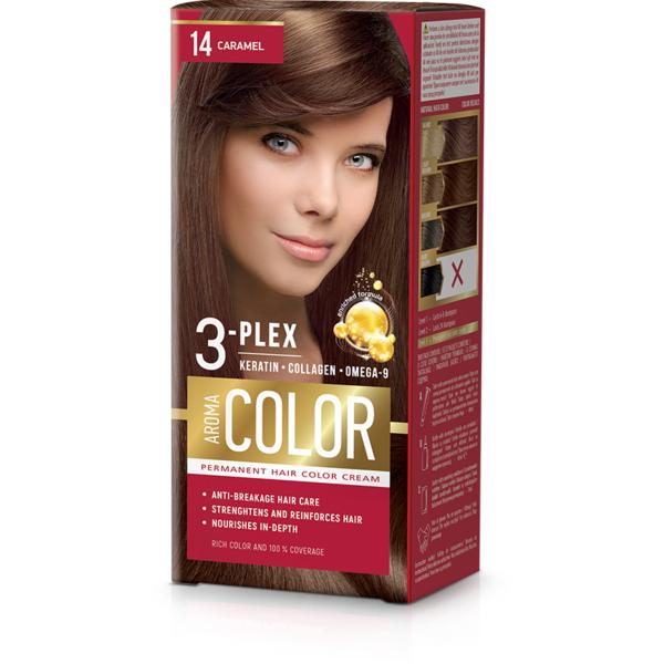 Vopsea Crema Permanenta – Aroma Color 3-Plex Permanent Hair Color Cream, nuanta 14 Caramel, 90 ml Aroma Vopsea de Par si Oxidant