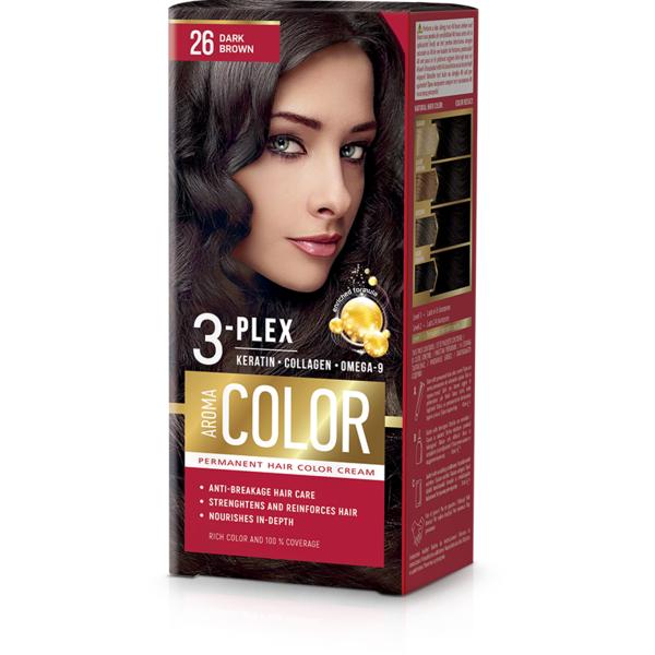 Vopsea Crema Permanenta – Aroma Color 3-Plex Permanent Hair Color Cream, nuanta 26 Dark Brown, 90 ml Aroma Vopsea de Par si Oxidant