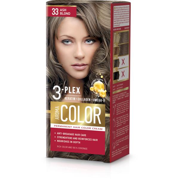Vopsea Crema Permanenta – Aroma Color 3-Plex Permanent Hair Color Cream, nuanta 33 Ash Blond, 90 ml Aroma Vopsea de Par si Oxidant