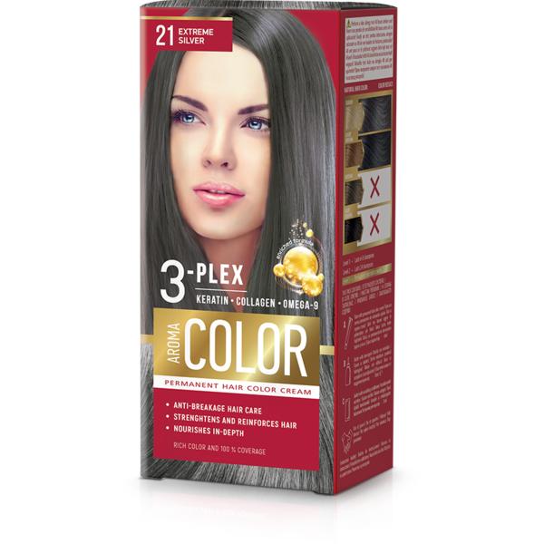 Vopsea Crema Permanenta – Aroma Color 3-Plex Permanent Hair Color Cream, nuanta 21 Extreme Silver, 90 ml Aroma