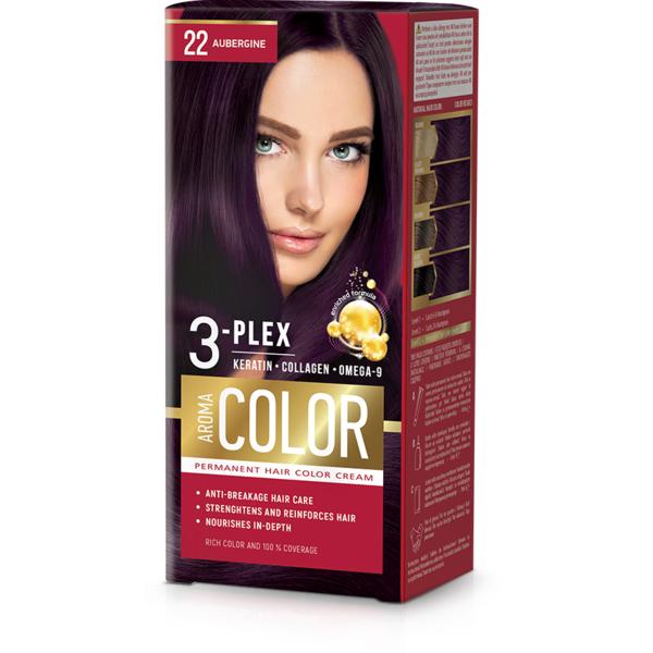 Vopsea Crema Permanenta – Aroma Color 3-Plex Permanent Hair Color Cream, nuanta 22 Aubergine, 90 ml Aroma Vopsea de Par si Oxidant