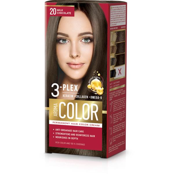 Vopsea Crema Permanenta – Aroma Color 3-Plex Permanent Hair Color Cream, nuanta 20 Milk Chocolate, 90 ml Aroma Vopsea de Par si Oxidant