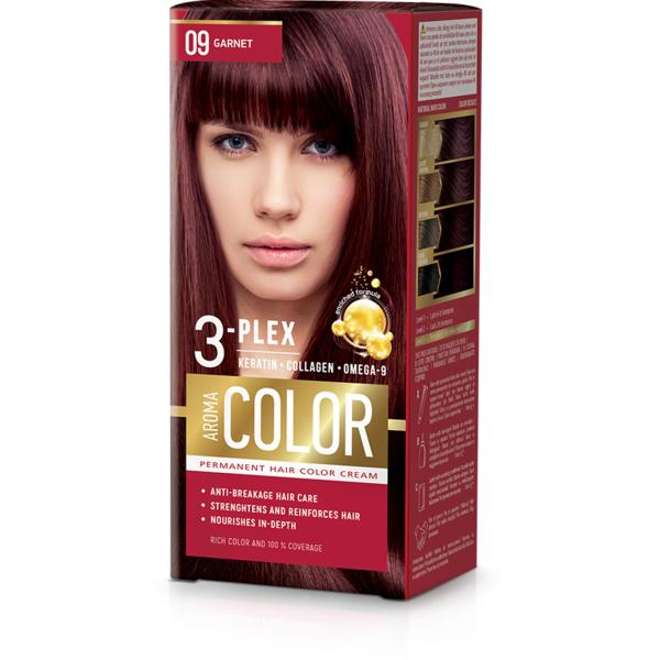 Vopsea Crema Permanenta – Aroma Color 3-Plex Permanent Hair Color Cream, nuanta 09 Garnet, 90 ml Aroma Aroma