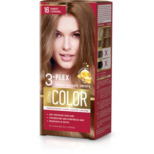 Vopsea Crema Permanenta - Aroma Color 3-Plex Permanent Hair Color Cream, nuanta 16 Sweet Caramel, 90 ml