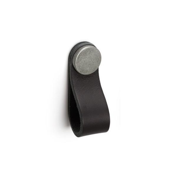 Maner, buton Flexa din piele neagra pentru mobilier, cu ornament finisaj cositor, L 70 mm