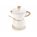 Set zaharnita si latiera cu suport din portelan alb crem 15 cm x 9 cm x 15 h