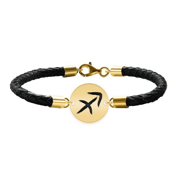 Bratara premium din piele impletita si banut argint 925 placat cu aur galben 24k personalizat cu zodiac - sagetator