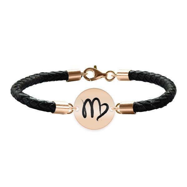 Bratara premium din piele impletita si banut argint 925 placat cu aur roz personalizat cu zodiac - fecioara