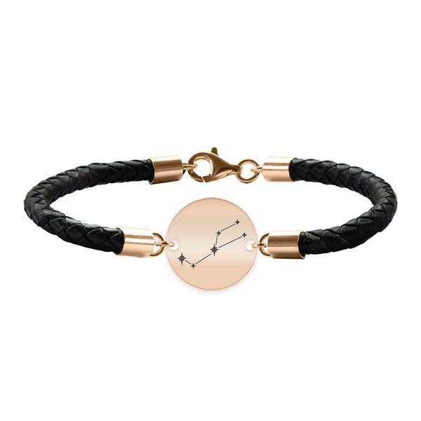 Bratara premium din piele impletita si banut argint 925 placat cu aur roz personalizat cu constelatii - taur