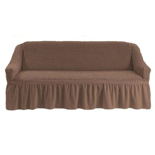 Husa pentru canapea 3 locuri, bulsan collection, elastica si creponata, cu volane, bej inchis, dimensiuni 185x230cm