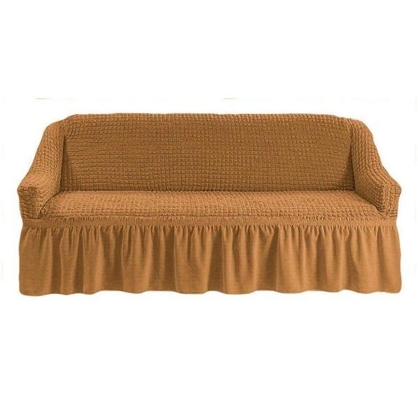 Husa pentru canapea 3 locuri, Bulsan Collection, elastica si creponata, cu volane, Bej, dimensiuni 185x230cm