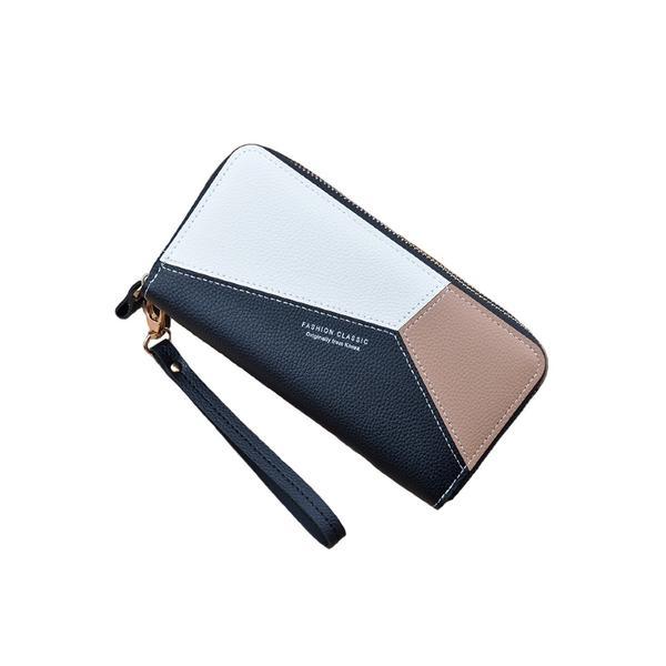 Portofel dama, dublu, fashion classic, piele ecologica premium, fond negru/alb, maro caramel