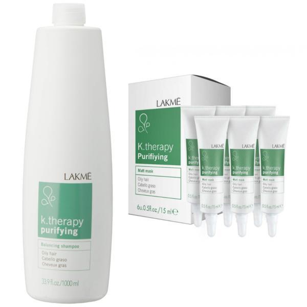 Set Cadou pentru par si scalp gras, Lakme K.Therapy, Purifying Sampon 1000 ml, Masca 6×15 ml