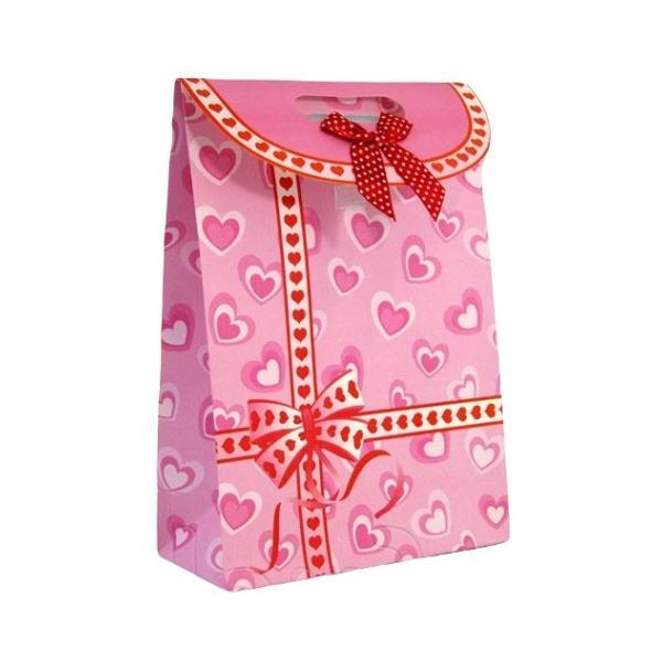 Pungă cadou cu mâner, cartonată, teddy – inimioare roz, 27x19x8,5 cm