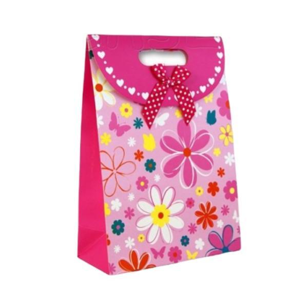 Pungă cadou cu mâner, cartonată, teddy-floral, 27x19x8,5 cm