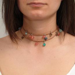 Bratara GANELLI multifunctionala pentru mana, glezna sau colier choker, din piele naturala, Acvamarin, Agate crackle, Cuart cherry