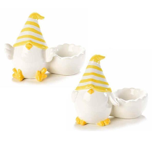 Set 2 suporturi oua din ceramica alba galbena model puisori 12x5x9 cm