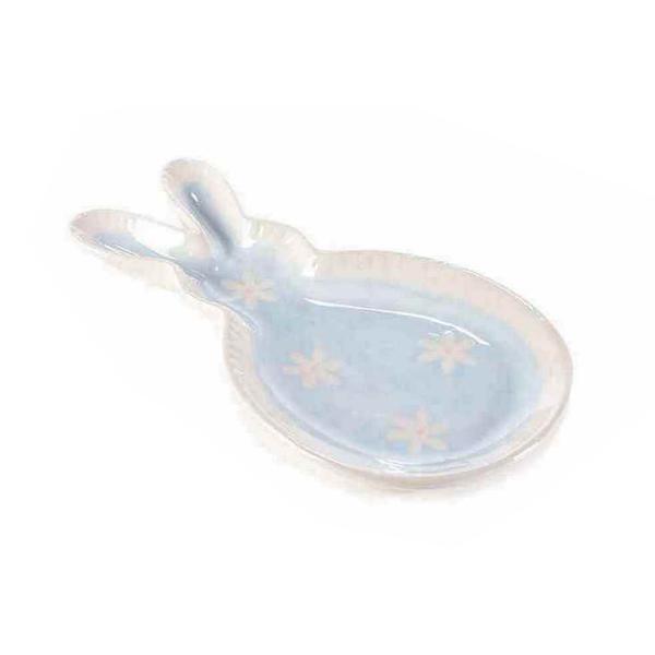 Platou din ceramica albastra alba model iepuras 19x11 cm