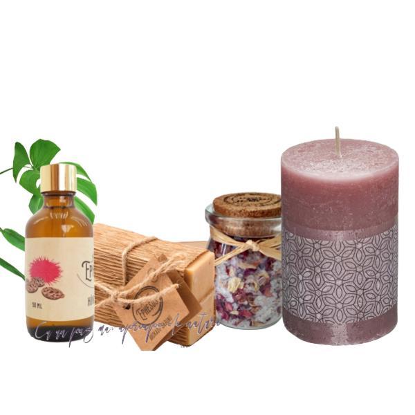 Set cadou îngrijire „Antique Ephesus Avokado” cu sapun natural avocado (100 gr) + ulei organic de ricin (50 ml) + sare de baie petale trandafiri (100 gr)+ lumanare EduPub