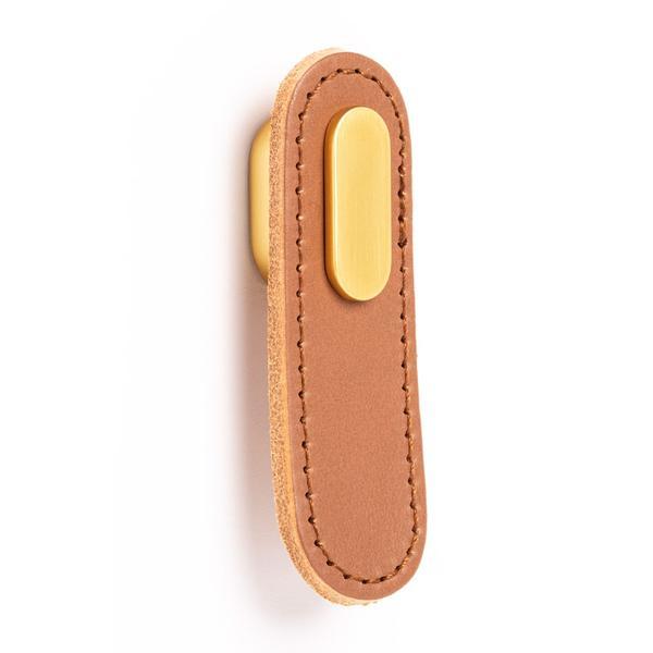 Maner, buton Oblong din piele bej pentru mobilier, cu ornament finisaj auriu periat, L 70 mm