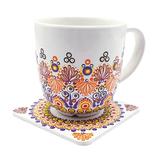 Set cana pentru cafea/ ceai cu suport din lemn, pictata manual, Erica, Zia Fashion