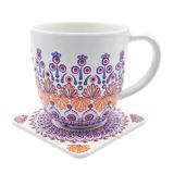 Set cana pentru cafea/ ceai cu suport din lemn, pictata manual, Sofia, Zia Fashion