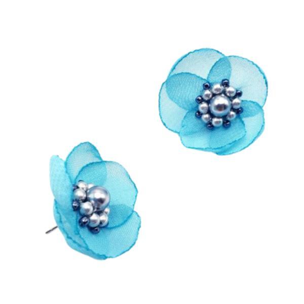 Cercei mici eleganti floare albastru turcoaz, handmade, zia fashion, aris