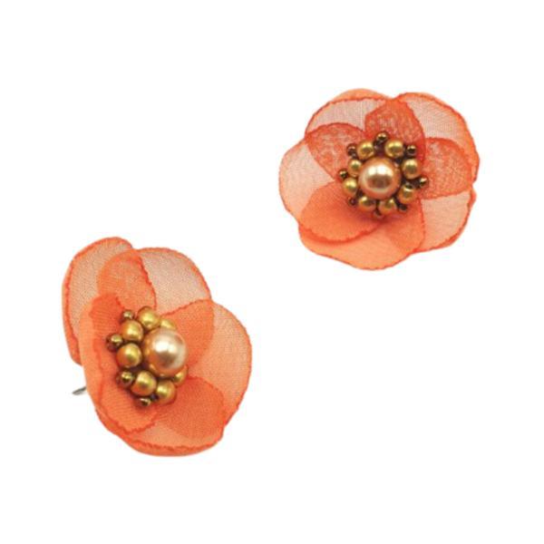 Cercei mici eleganti floare portocaliu somon, handmade, zia fashion, elia