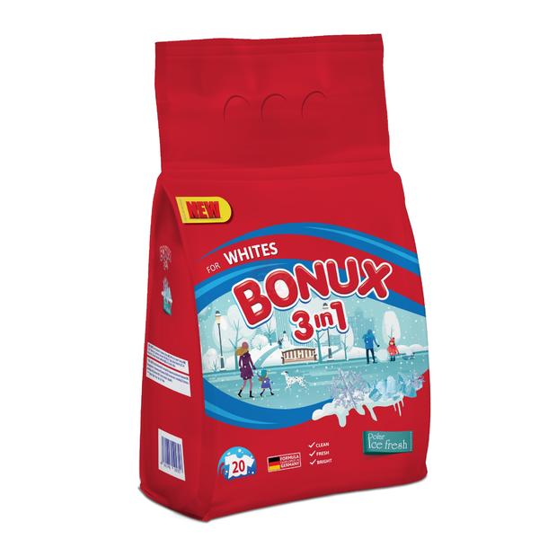 Detergent Automat Pudra 3 in 1 cu Aroma Proaspata de Iarna pentru Rufe Albe - Bonux 3 in 1 for Whites Polar Ice Fresh, 2000 g