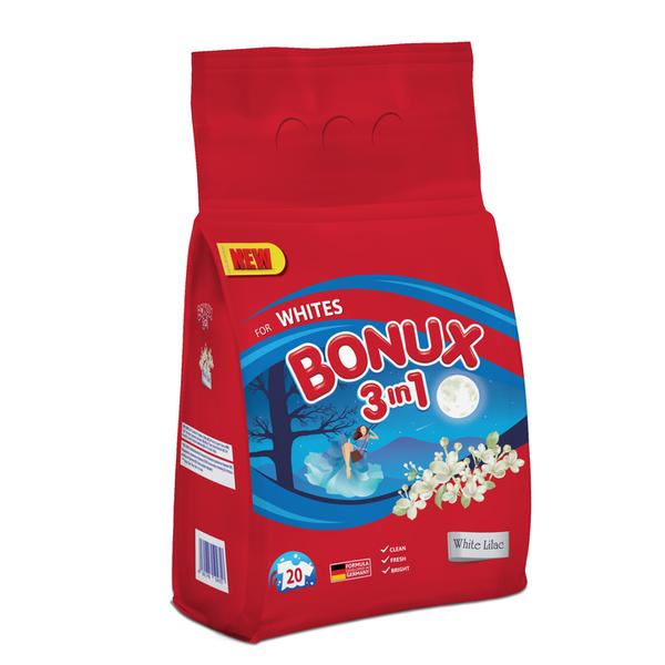Detergent automat pudra 3 in 1 cu aroma de liliac pentru rufe albe - bonux 3 in 1 for whites white lilac, 2000 g