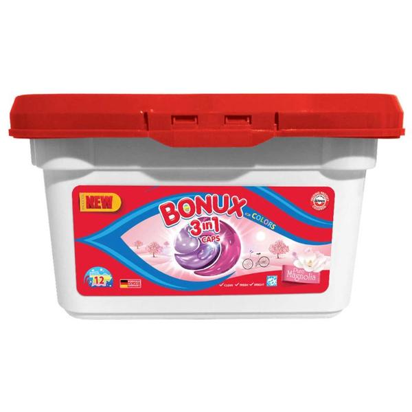 Detergent Capsule 3 in 1 cu Aroma de Magnolie pentru Rufe Colorate - Bonux 3 in 1 Caps for Colors Magnolia, 12 buc