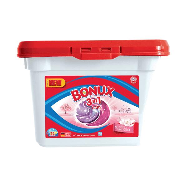 Detergent Capsule 3 in 1 cu Aroma de Magnolie pentru Rufe Colorate - Bonux 3 in 1 Caps for Colors Magnolia, 22 buc