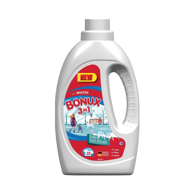 Detergent automat lichid 3 in 1 cu aroma proaspata de iarna pentru rufe albe - bonux 3 in 1 for whites polar ice fresh, 1100 ml