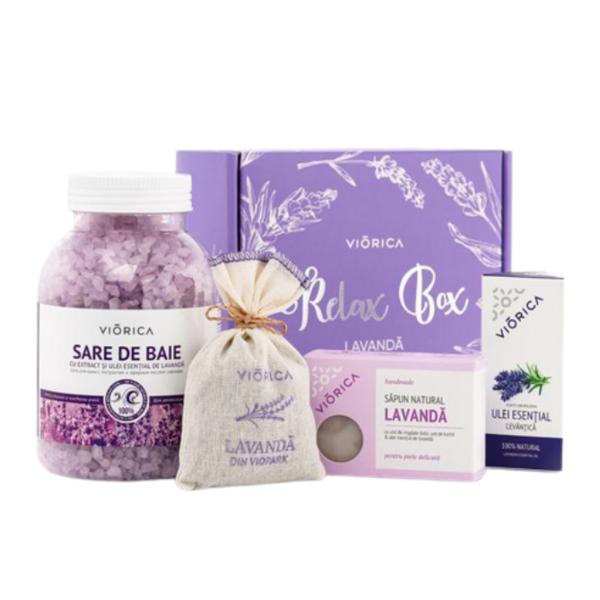 Set SPA Relax Box Lavandă: Sare de baie 1000g, Ulei essențial Lavandă 10 ml, Săpun natural Lavandă 105 g, Sac aromat cu Lavandă 25 g 1000g imagine noua