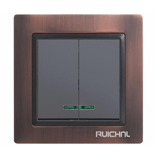 Intrerupator dublu cu led ruichnl rc-3503, negru, rama metal maro bronz