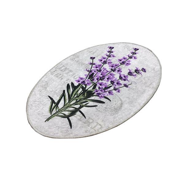 Covorase baie lavender, oval, 80 x 100 cm, antiderapant, alb-mov