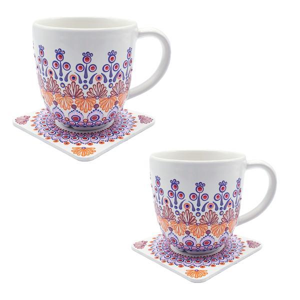 Set cani pentru cafea/ ceai cu suport din lemn, pictate manual, 2 buc/ set, Zia Fashion, Sofia