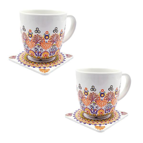 Set cani pentru cafea/ ceai cu suport din lemn, pictate manual, 2 buc/ set, zia fashion, erica