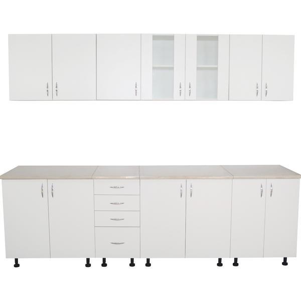 Set Bucatarie Alfa 260 cm din PAL alb cu blat termoizolant imitatie Travertin