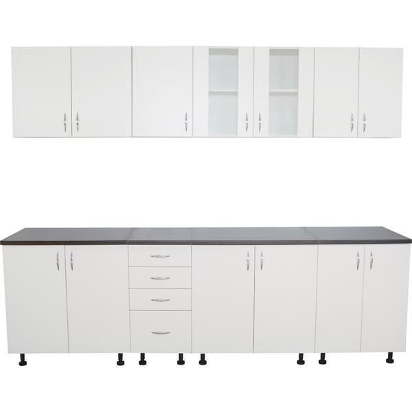 Set Bucatarie Alfa 260 cm din PAL alb cu blat termoizolant imitatie Stejar Wenge