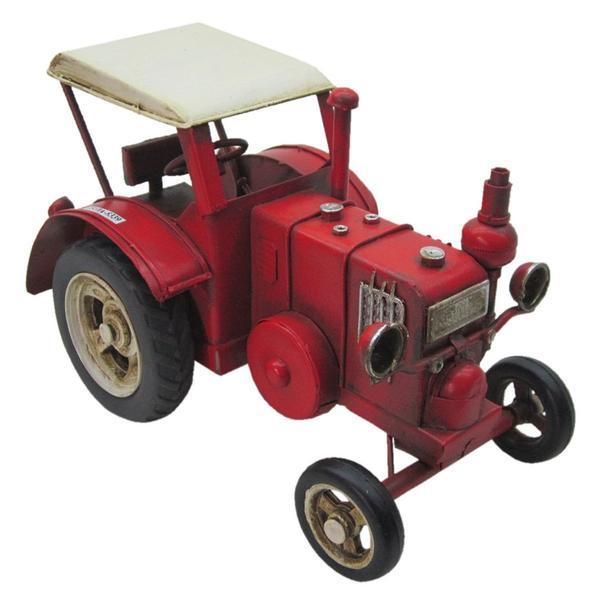 Macheta tractor retro din metal rosu 17 cm x 9 cm x 10 h - decorer