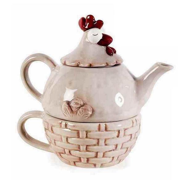 Set ceainic cu ceasca din ceramica bej model gaina 17x12x16 cm - decorer