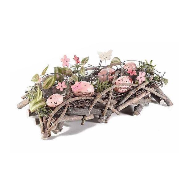 Suport lumanari din lemn decorat cu oua roz 30x14x9 cm - decorer