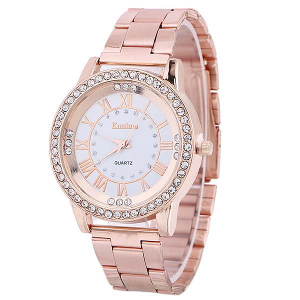 Ceas quartz efb kamino roz auriu cu cristale si bratara din metal 