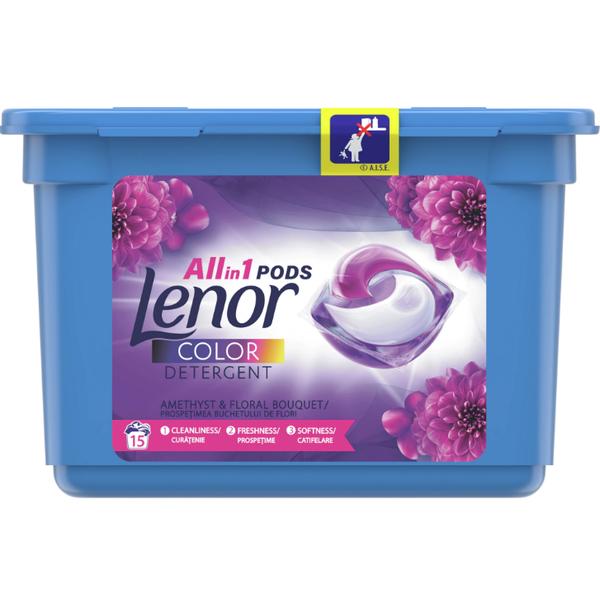 Detergent Capsule pentru Rufe Colorate cu Parfum Floral - Lenor All in 1 Pods Color Detergent Ametyst & Floral Bouchet, 15 buc