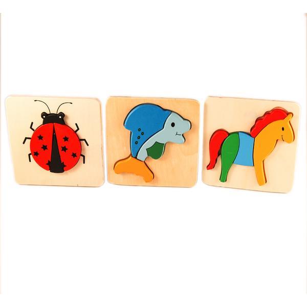 Set 3 puzzle din lemn, animalute, 7toys