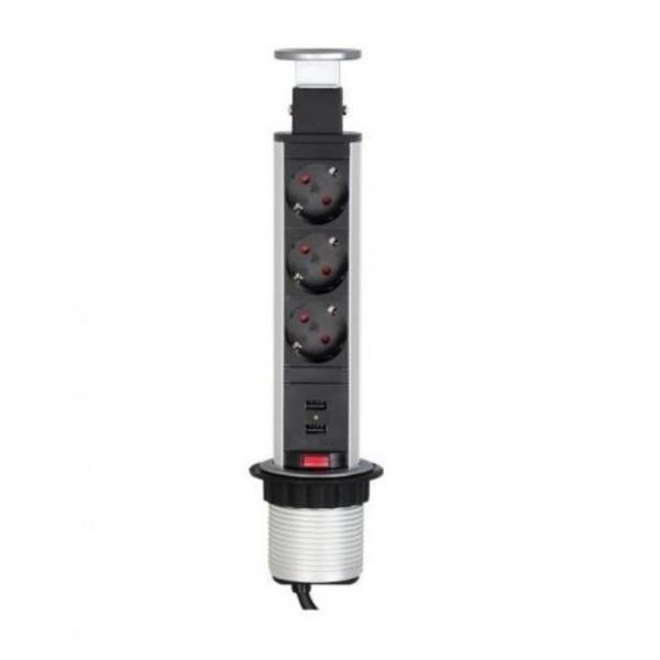 Coloana 3 prize Schuko si doua Usb incorporabila in blat Lift Box, finisaj inox