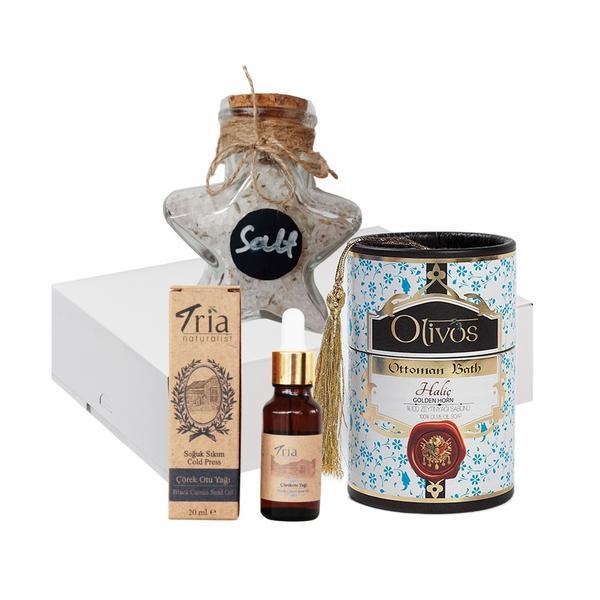 Set cadou cosmetic „Ottoman Luxury Haliç” sapun cu masline (2 x 100 gr) + ulei din seminte de chimen (20 ml) + sare de baie de lavanda (140 gr) -20 poza noua reduceri 2022