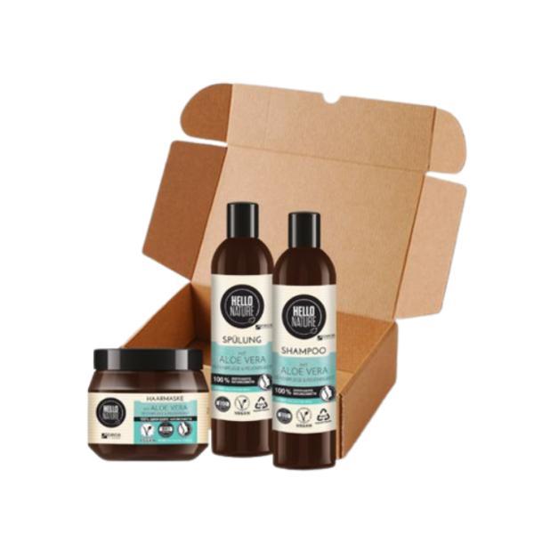 Set cadou cosmetice bio „hello nature” cu sampon vegan ( 300 ml) + balsam bio ( 300 ml) + masca bio ( 250 ml)